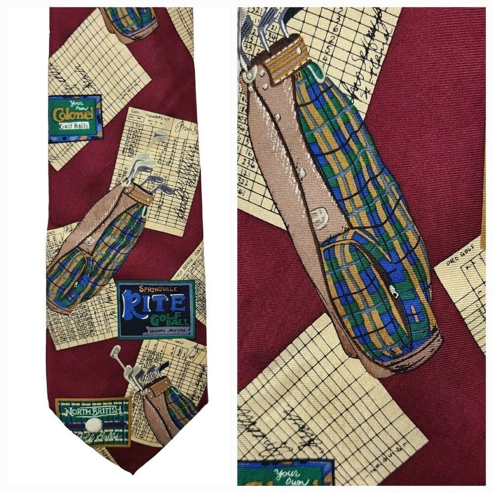 Men's Funky Vintage Silk Golf Bag Neck Tie Golfer Theme Novelty Wide Necktie
